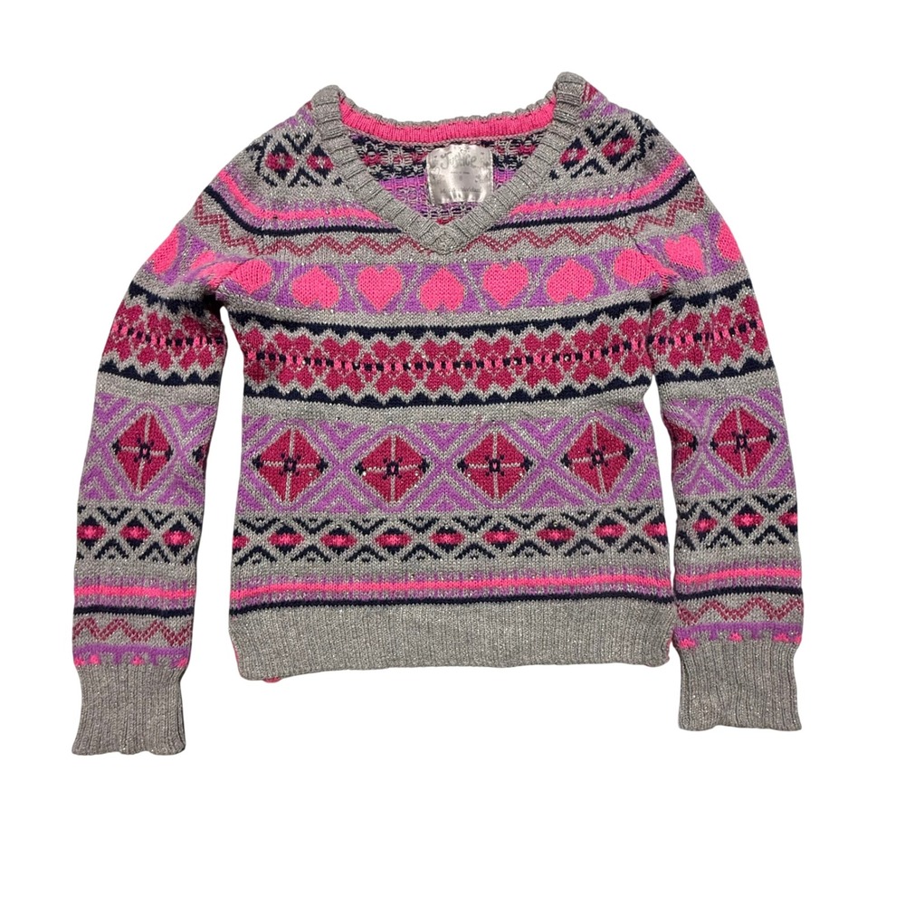 Justice Girls Fair Isle Heart Sweater Gray‎ Pink Metallic V-Neck Size 8